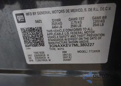 2021 Chevrolet Equinox Fwd Lt z USA, uszkodzony, nr VIN 3GNAXKEV7ML380227